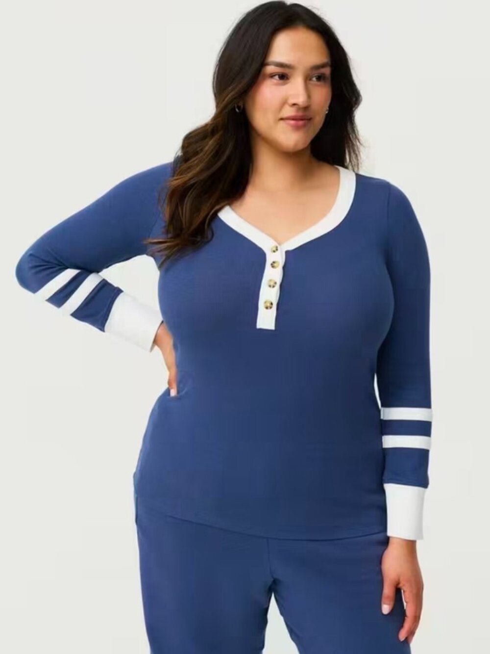 Torrid Ribbed Henley Varsity Long Sleeve Top 3 NWT
